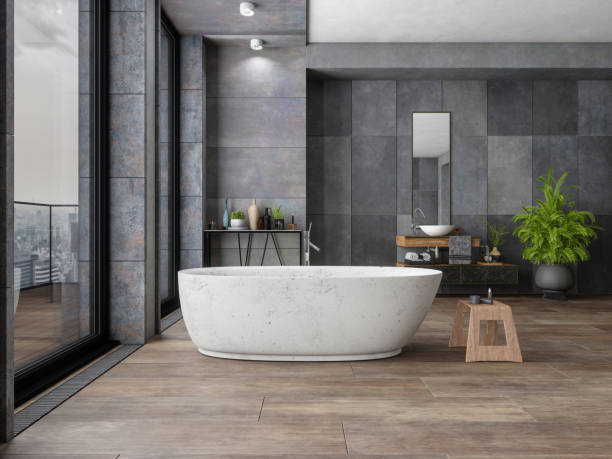 Bathroom tile dark flooring with bath tub | Bram Flooring